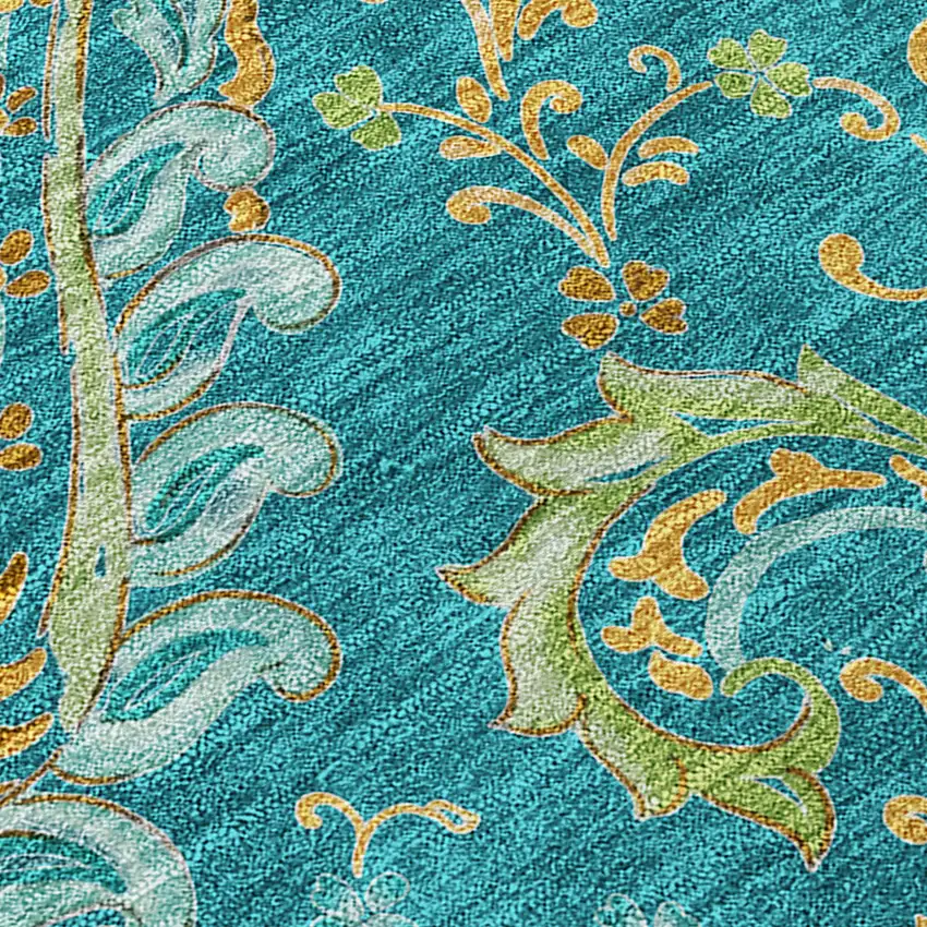 Teal Paisley Washable Non Skid Indoor Outdoor Runner Rug Photo 7