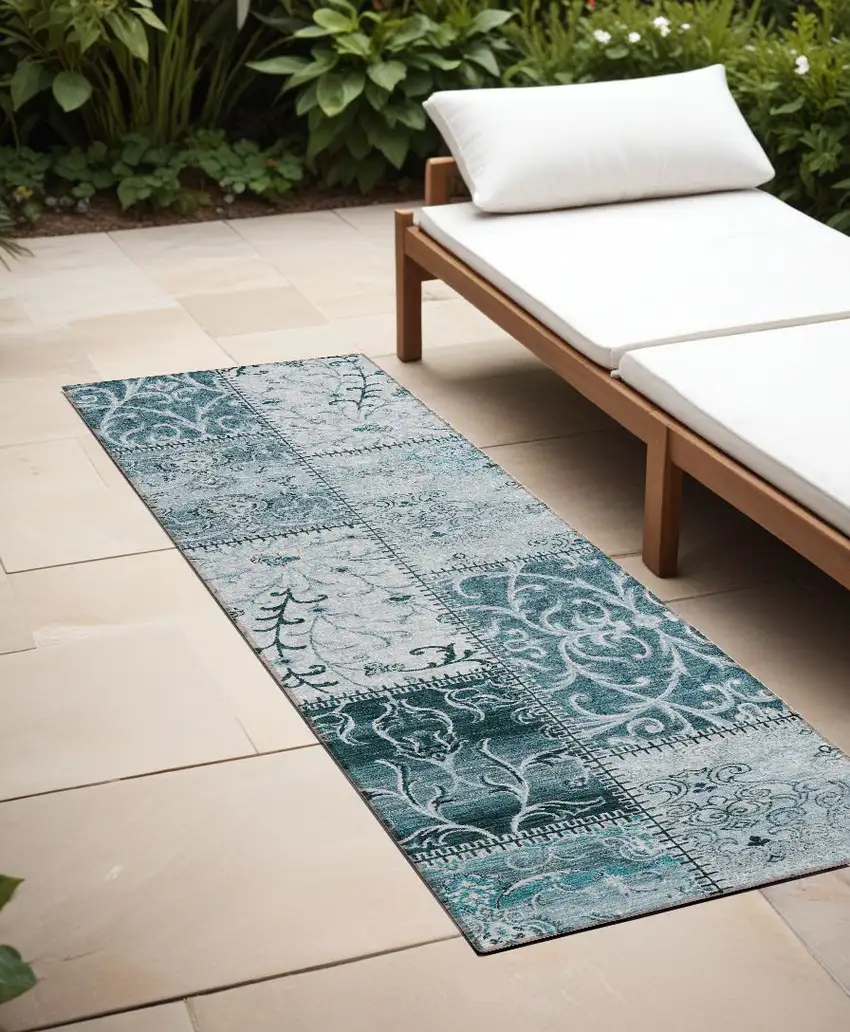 Teal Patchwork Washable Non Skid Indoor Outdoor Runner Rug Photo 1