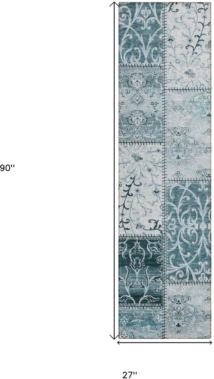 8' Runner Teal Patchwork Washable Non Skid Indoor Outdoor Runner Rug Photo 3