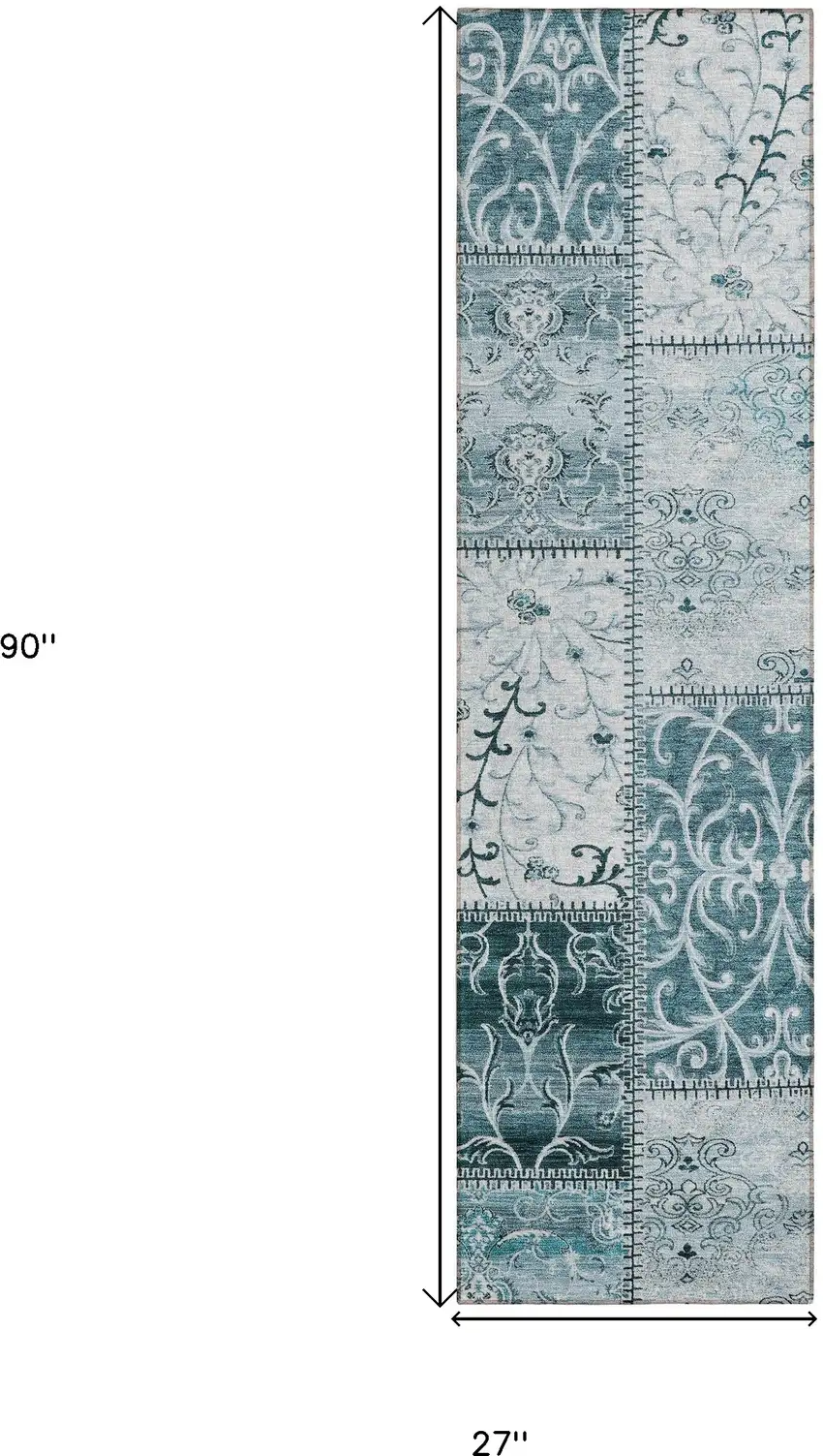 8' Runner Teal Patchwork Washable Non Skid Indoor Outdoor Runner Rug Photo 3