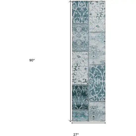 Teal Patchwork Washable Non Skid Indoor Outdoor Runner Rug Photo 6