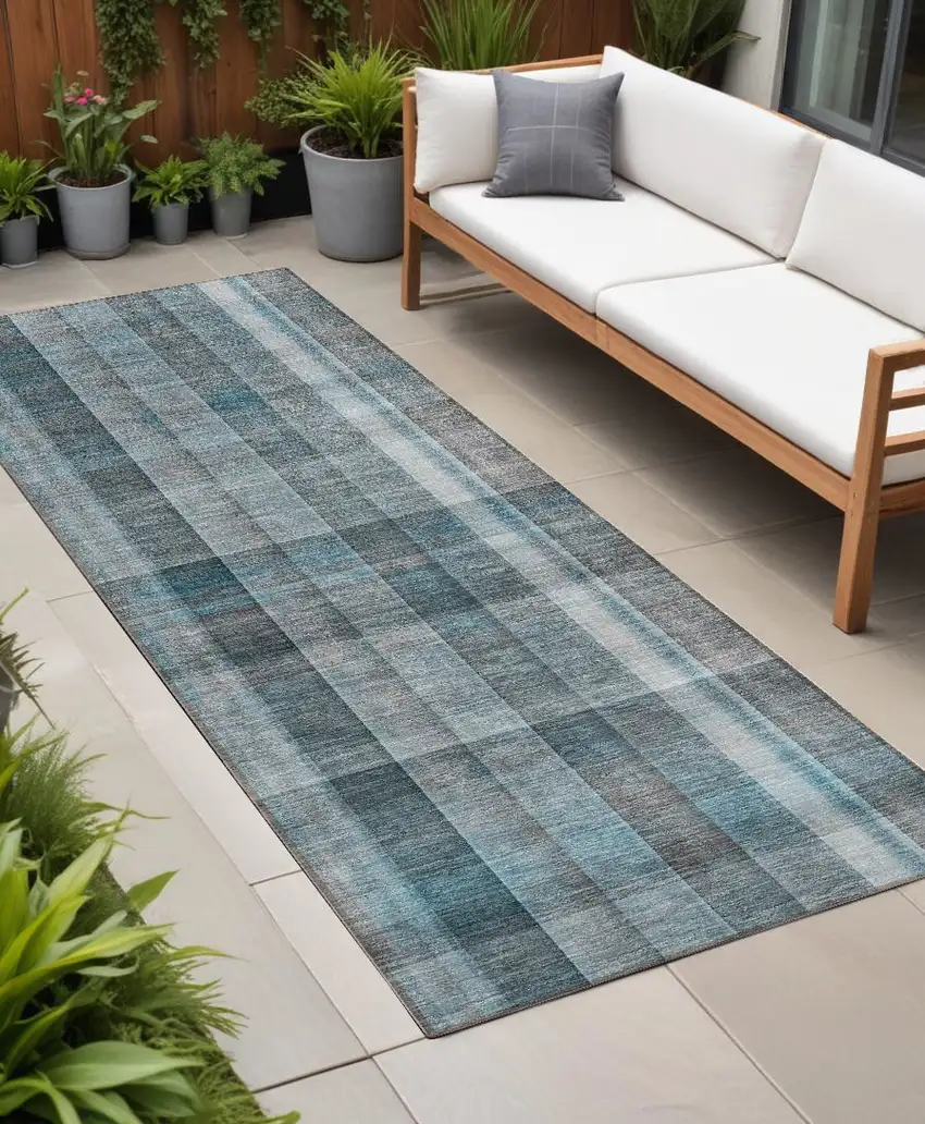 Teal Plaid Washable Non Skid Indoor Outdoor Runner Rug Photo 1
