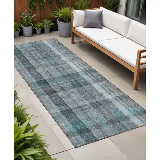 Teal Plaid Washable Non Skid Indoor Outdoor Runner Rug Photo 1