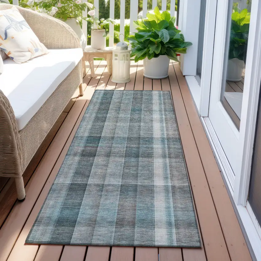 Teal Plaid Washable Non Skid Indoor Outdoor Runner Rug Photo 8