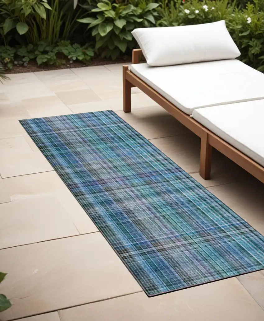Blue Teal and Gray Plaid Washable Non Skid Indoor Outdoor Area Rug Photo 1