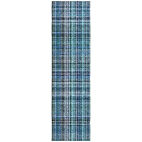 Blue Teal and Gray Plaid Washable Non Skid Indoor Outdoor Area Rug Photo 2