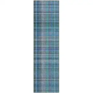 Photo of 8' Runner Teal Plaid Washable Non Skid Indoor Outdoor Runner Rug