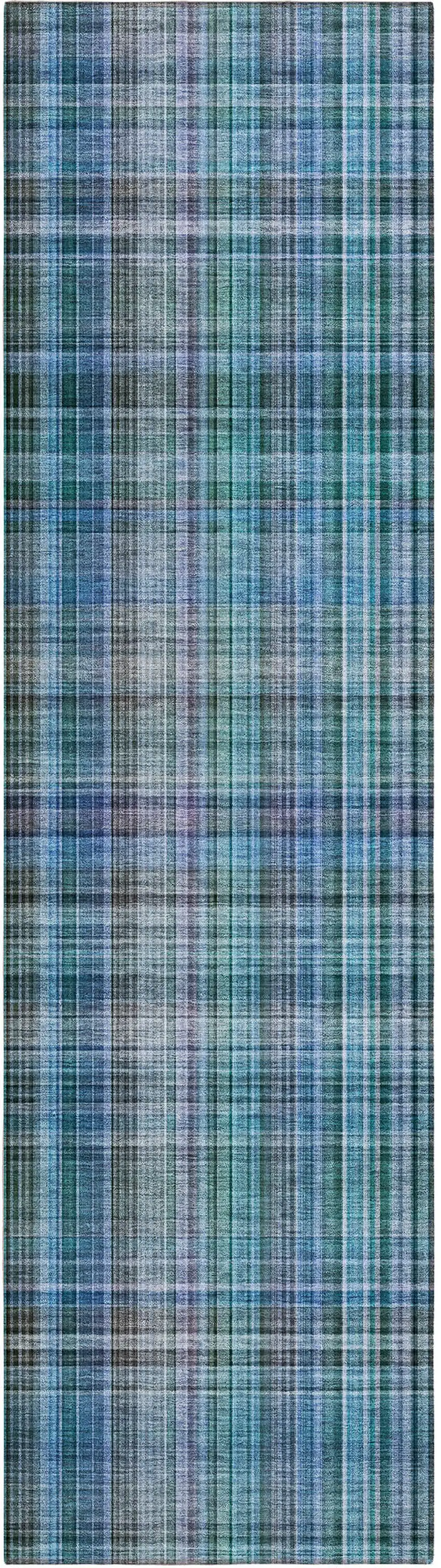 Blue Teal and Gray Plaid Washable Non Skid Indoor Outdoor Area Rug Photo 2