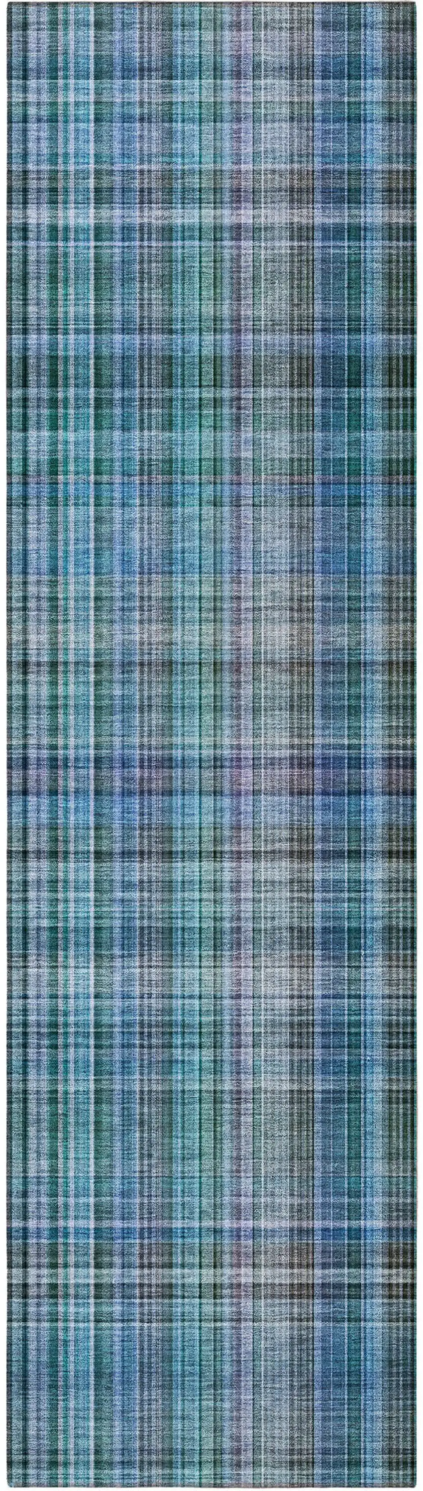 8' Runner Teal Plaid Washable Non Skid Indoor Outdoor Runner Rug Photo 2
