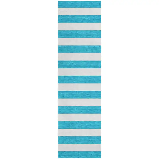 Teal and White Striped Washable Indoor Outdoor Runner Rug Photo 2