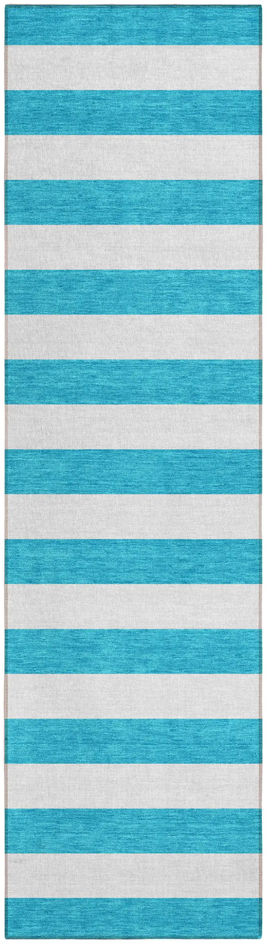 Teal and White Striped Washable Indoor Outdoor Runner Rug Photo 2