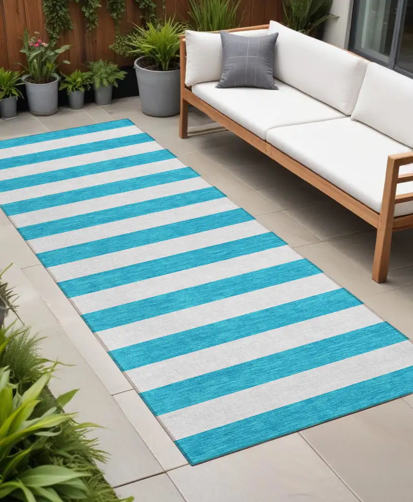 Teal and White Striped Washable Indoor Outdoor Runner Rug Photo 1