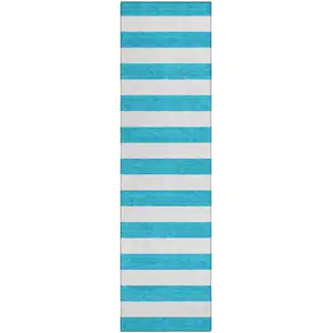 Photo of 8' Runner Teal Striped Washable Non Skid Indoor Outdoor Runner Rug