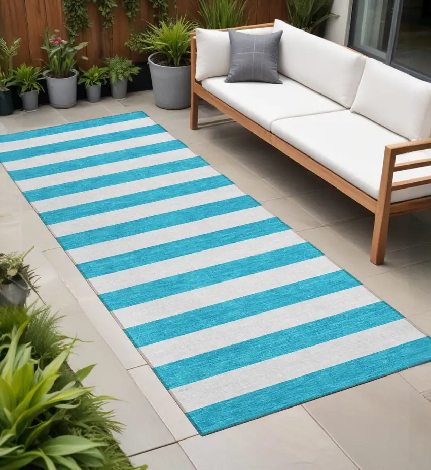 Teal and White Striped Washable Indoor Outdoor Runner Rug Photo 1