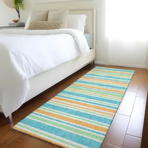 Photo of 8' Runner Teal Striped Washable Non Skid Indoor Outdoor Runner Rug