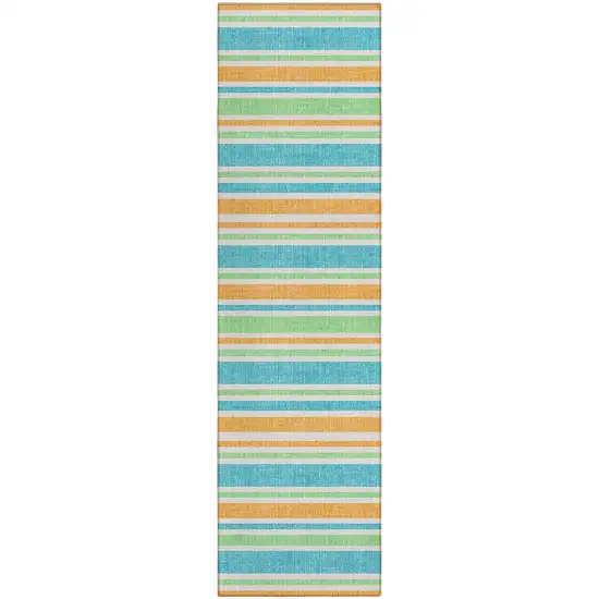 Teal Yellow and Green Striped Washable Non Skid Indoor Outdoor Runner Rug Photo 2
