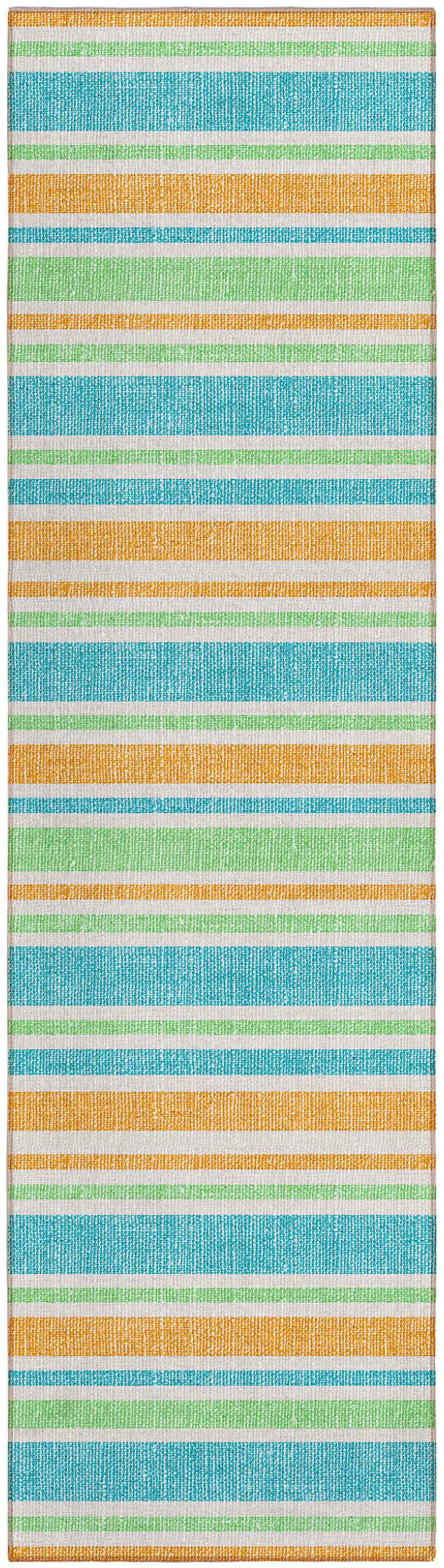 Teal Yellow and Green Striped Washable Non Skid Indoor Outdoor Runner Rug Photo 2
