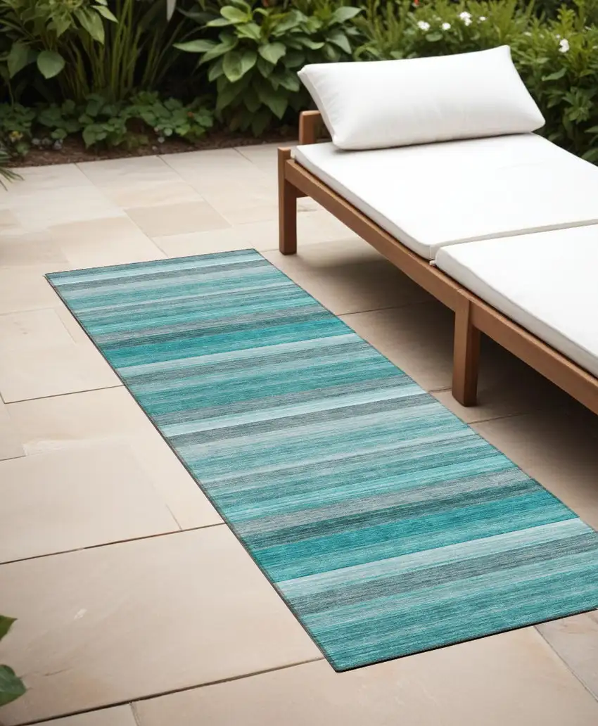 Teal Striped Washable Non Skid Indoor Outdoor Runner Rug Photo 1
