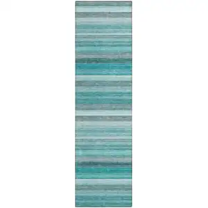Photo of 8' Runner Teal Striped Washable Non Skid Indoor Outdoor Runner Rug