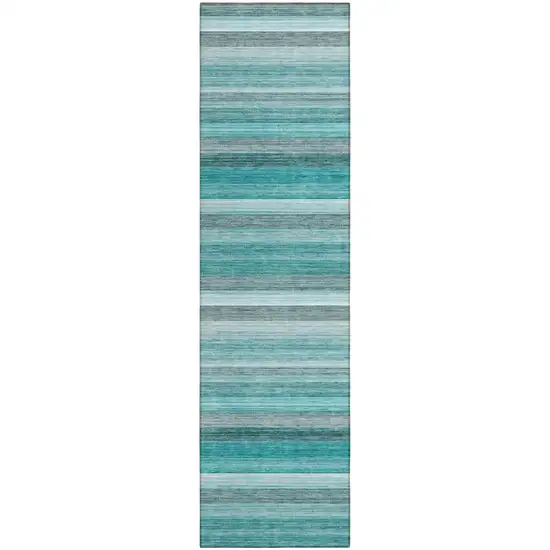 8' Runner Teal Striped Washable Non Skid Indoor Outdoor Runner Rug Photo 1