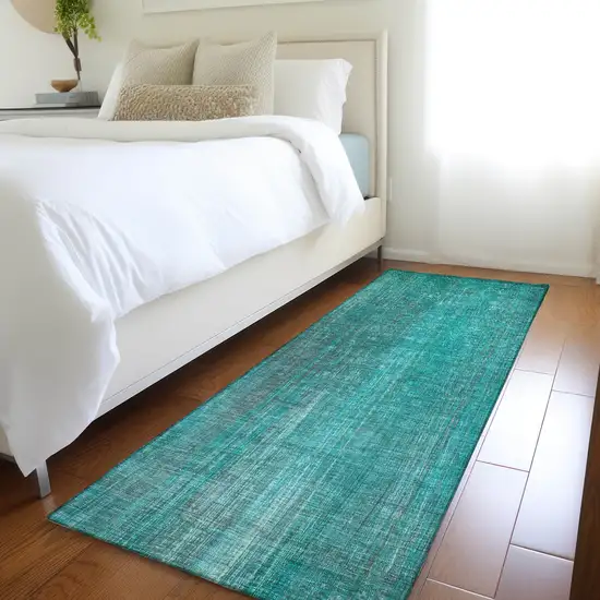 Teal Striped Washable Non Skid Indoor Outdoor Runner Rug Photo 9