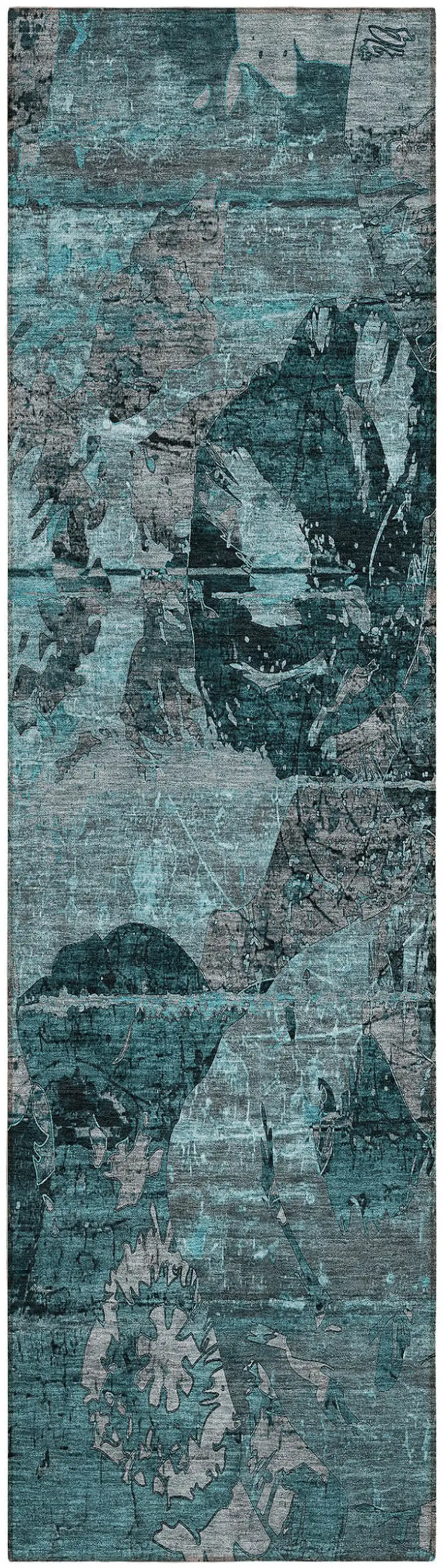 Teal and Gray Abstract Washable Indoor Outdoor Runner Rug Photo 2