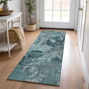 Photo of 8' Runner Teal and Gray Floral Washable Non Skid Indoor Outdoor Runner Rug