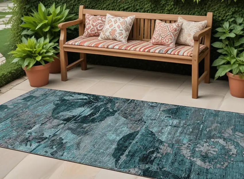 Teal and Gray Abstract Washable Indoor Outdoor Runner Rug Photo 1