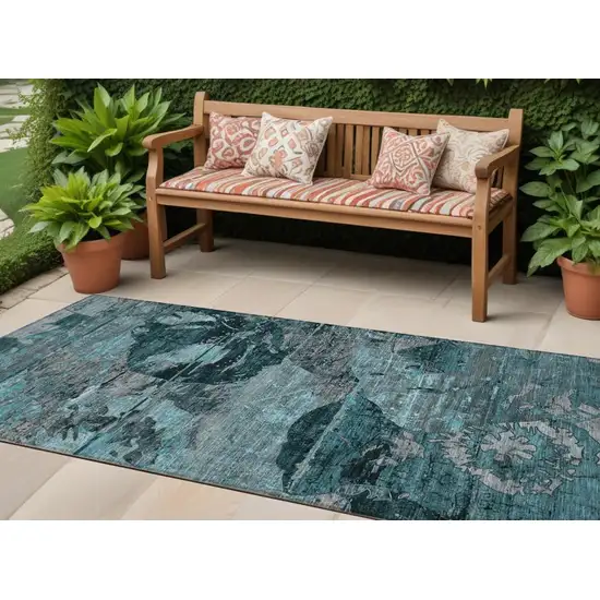 Teal and Gray Abstract Washable Indoor Outdoor Runner Rug Photo 1