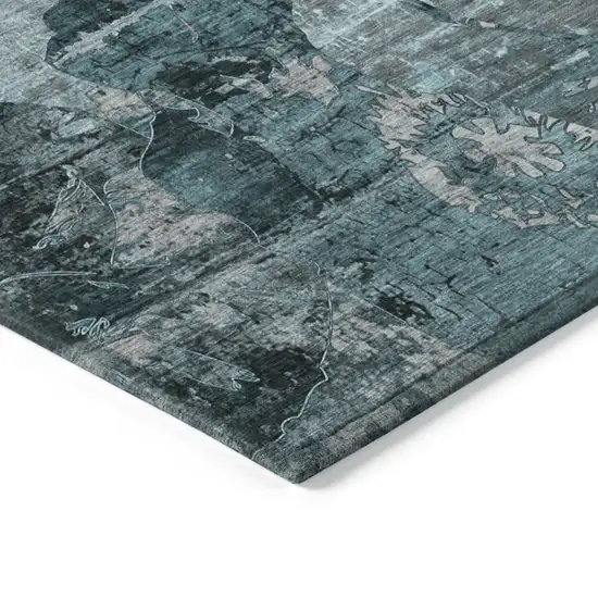 Teal and Gray Abstract Washable Indoor Outdoor Runner Rug Photo 5