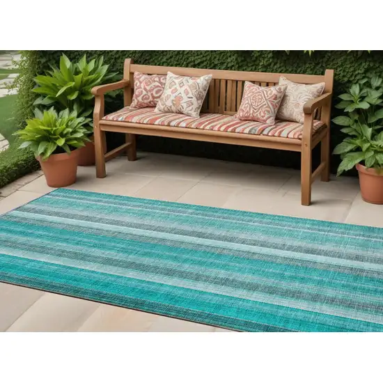 Teal and Gray Striped Washable Non Skid Indoor Outdoor Runner Rug Photo 1