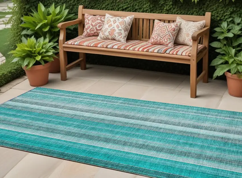 Teal and Gray Striped Washable Non Skid Indoor Outdoor Runner Rug Photo 1