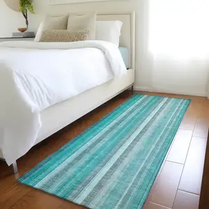 Photo of 8' Runner Teal and Gray Striped Washable Non Skid Indoor Outdoor Runner Rug