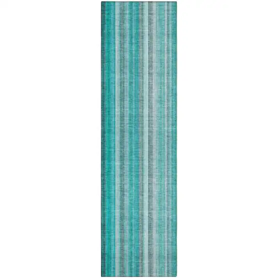 8' Runner Teal and Gray Striped Washable Non Skid Indoor Outdoor Runner Rug Photo 2