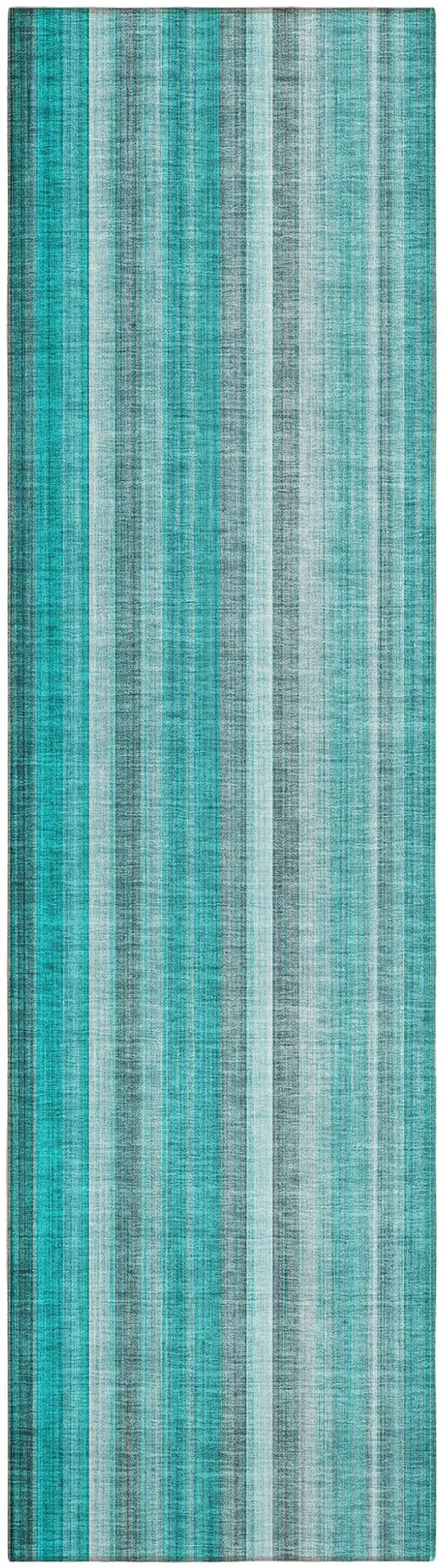 8' Runner Teal and Gray Striped Washable Non Skid Indoor Outdoor Runner Rug Photo 2