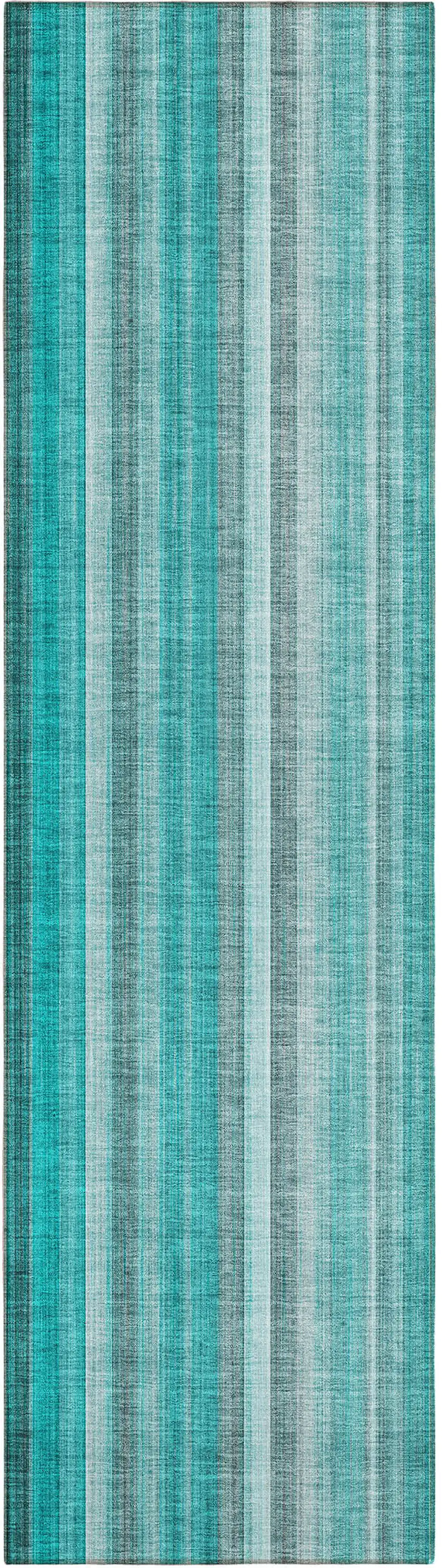 8' Runner Teal and Gray Striped Washable Non Skid Indoor Outdoor Runner Rug Photo 2