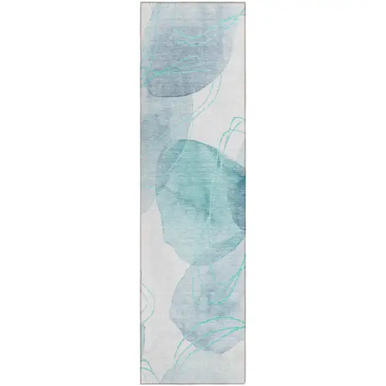 8' Runner Teal and Ivory Abstract Washable Non Skid Indoor Outdoor Runner Rug Photo 2