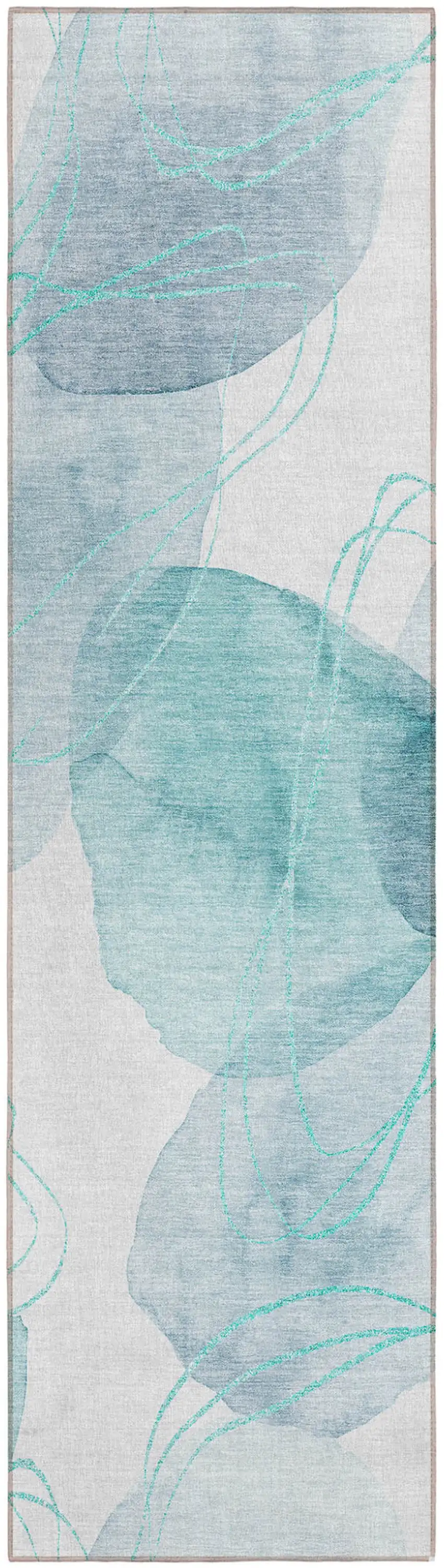 8' Runner Teal and Ivory Abstract Washable Non Skid Indoor Outdoor Runner Rug Photo 2