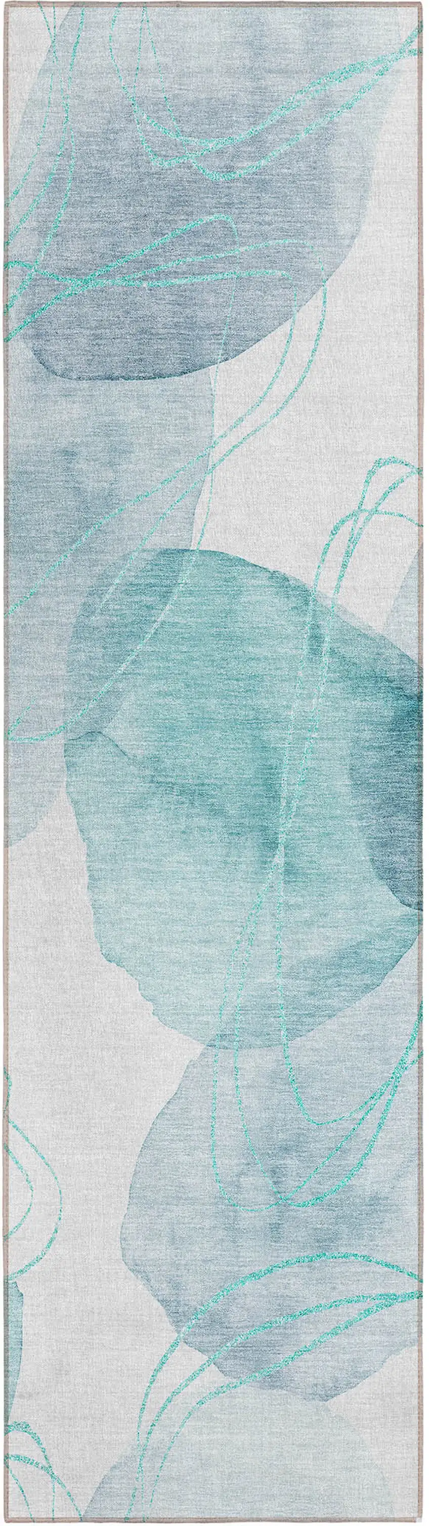 8' Runner Teal and Ivory Abstract Washable Non Skid Indoor Outdoor Runner Rug Photo 2