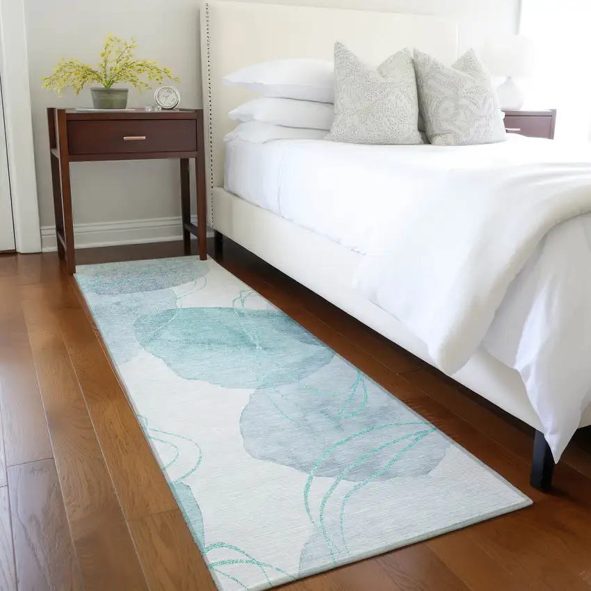 Teal and Ivory Abstract Washable Non Skid Indoor Outdoor Runner Rug Photo 8
