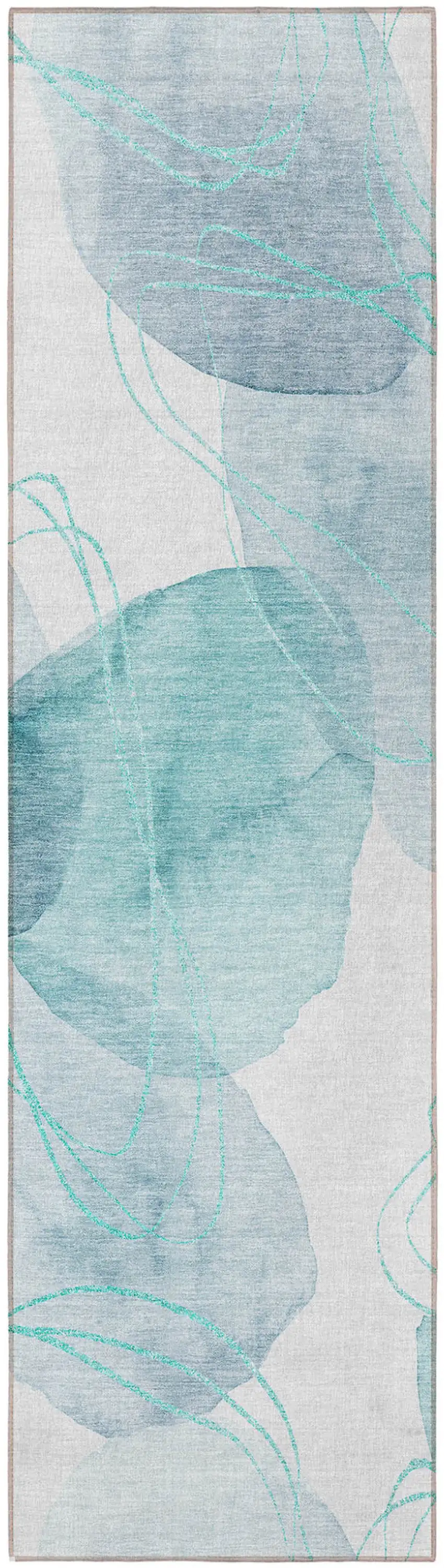 Teal and Ivory Abstract Washable Non Skid Indoor Outdoor Runner Rug Photo 5