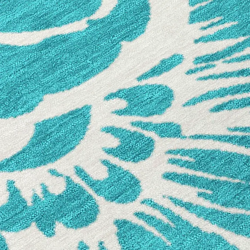 Teal and Ivory Floral Washable Non Skid Indoor Outdoor Runner Rug Photo 8