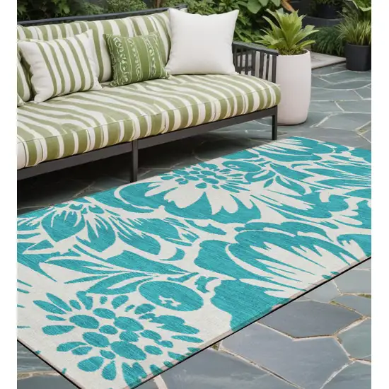 Teal and Ivory Floral Washable Non Skid Indoor Outdoor Runner Rug Photo 1