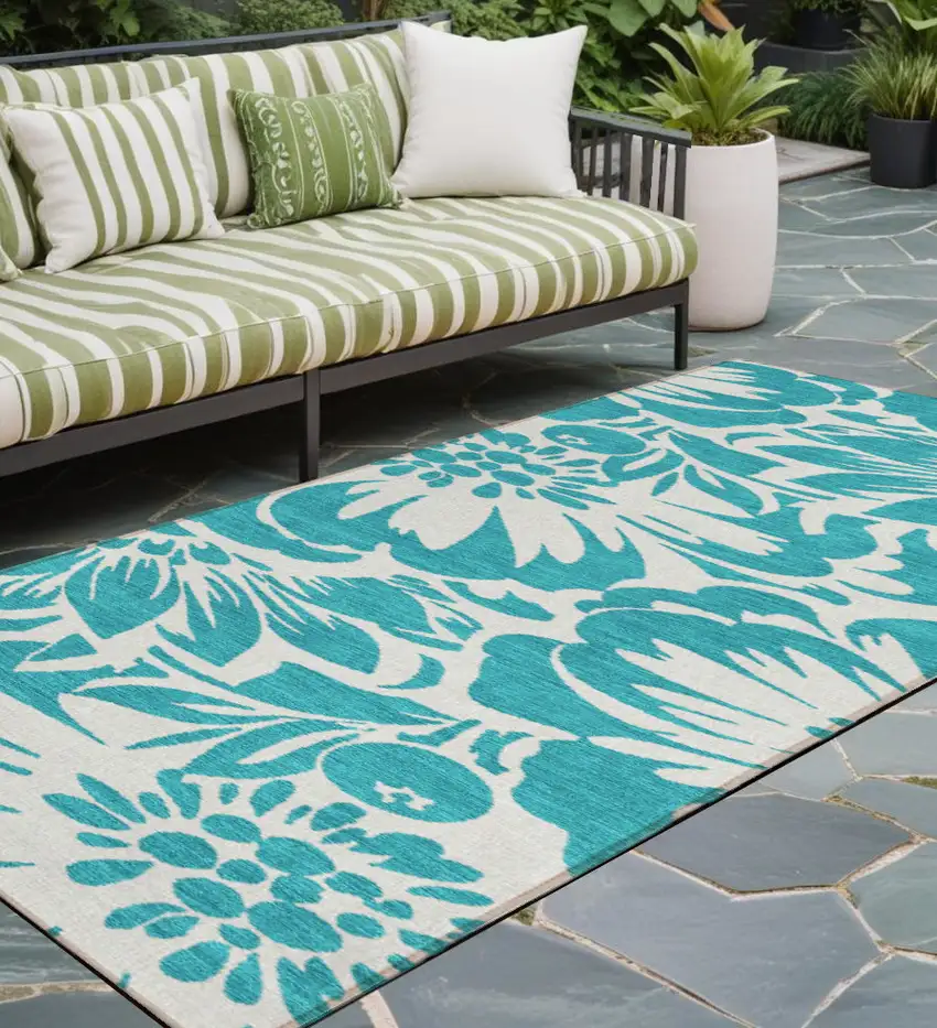 Teal and Ivory Floral Washable Non Skid Indoor Outdoor Runner Rug Photo 1