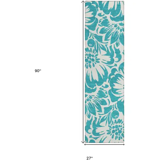 8' Runner Teal and Ivory Floral Washable Non Skid Indoor Outdoor Runner Rug Photo 8
