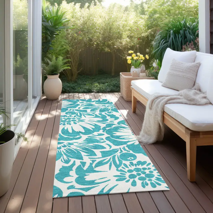 Teal and Ivory Floral Washable Non Skid Indoor Outdoor Runner Rug Photo 6