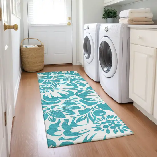 8' Runner Teal and Ivory Floral Washable Non Skid Indoor Outdoor Runner Rug Photo 7
