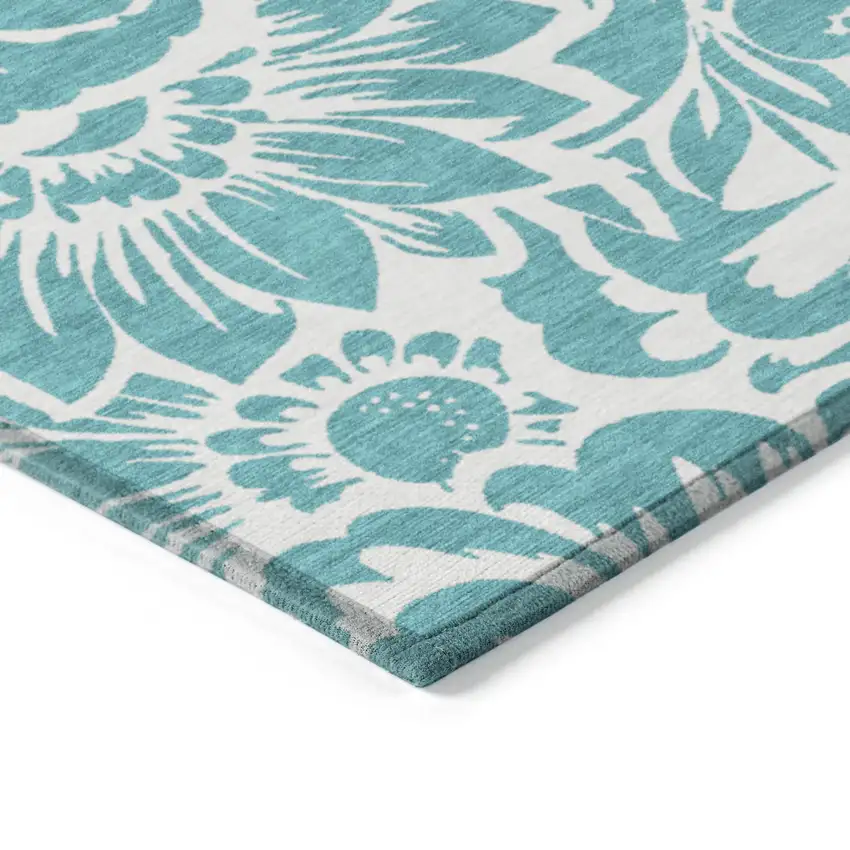 8' Runner Teal and Ivory Floral Washable Non Skid Indoor Outdoor Runner Rug Photo 5