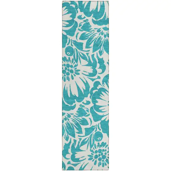 Teal and Ivory Floral Washable Non Skid Indoor Outdoor Runner Rug Photo 2