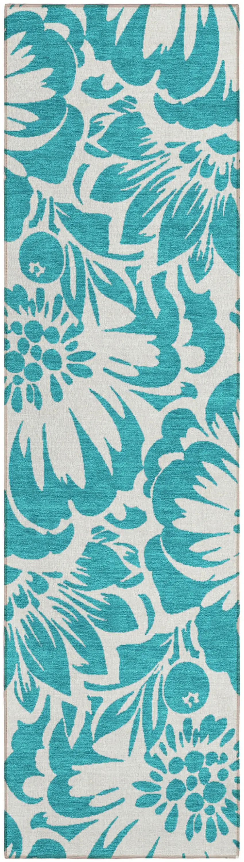 Teal and Ivory Floral Washable Non Skid Indoor Outdoor Runner Rug Photo 2